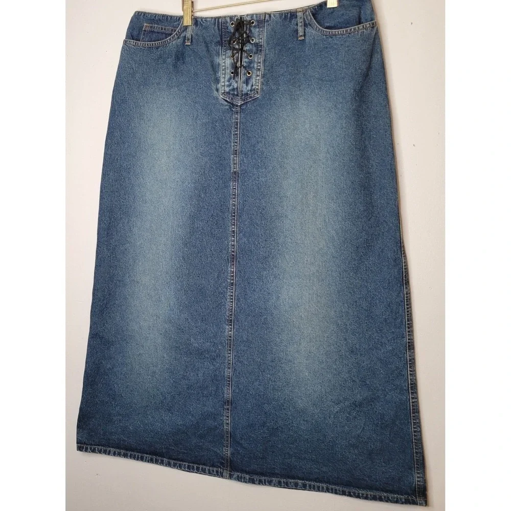 Classic Blue Denim Midi Skirt with Lace-Up Front - Picture 1 of 15